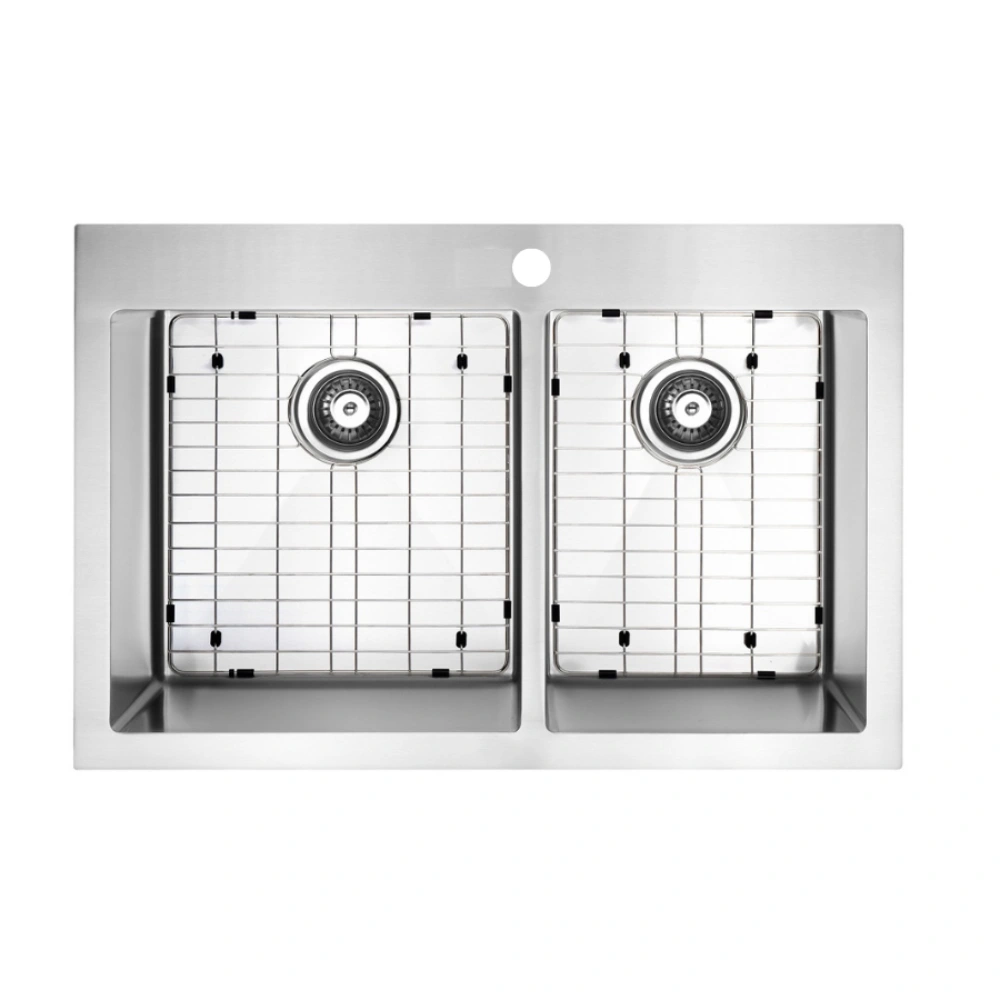 Evier de cuisine sur-pan double 33x22 (60-40) avec grilles de fond - Acier inoxydable