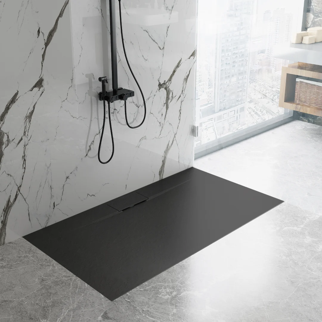 Base de douche noire svelte ultra mince 48” x 36” - Drain latéral