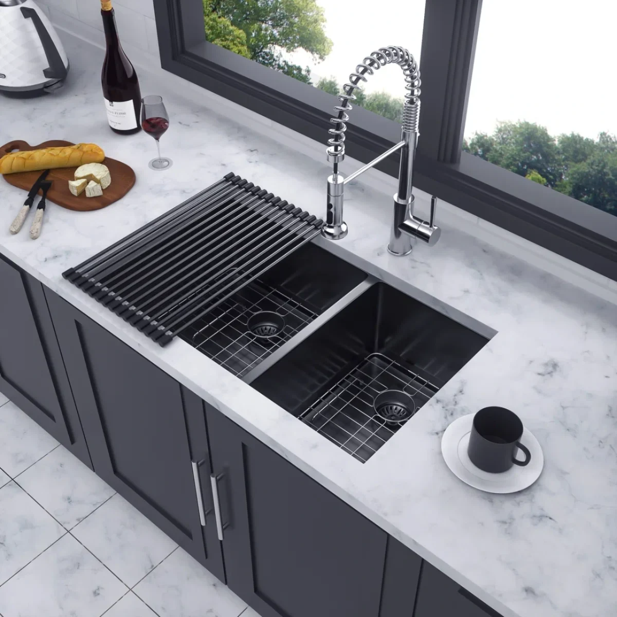 Évier de cuisine double 30″x18″ 16G (60/40) sans grilles de fond - Noir – Image 2