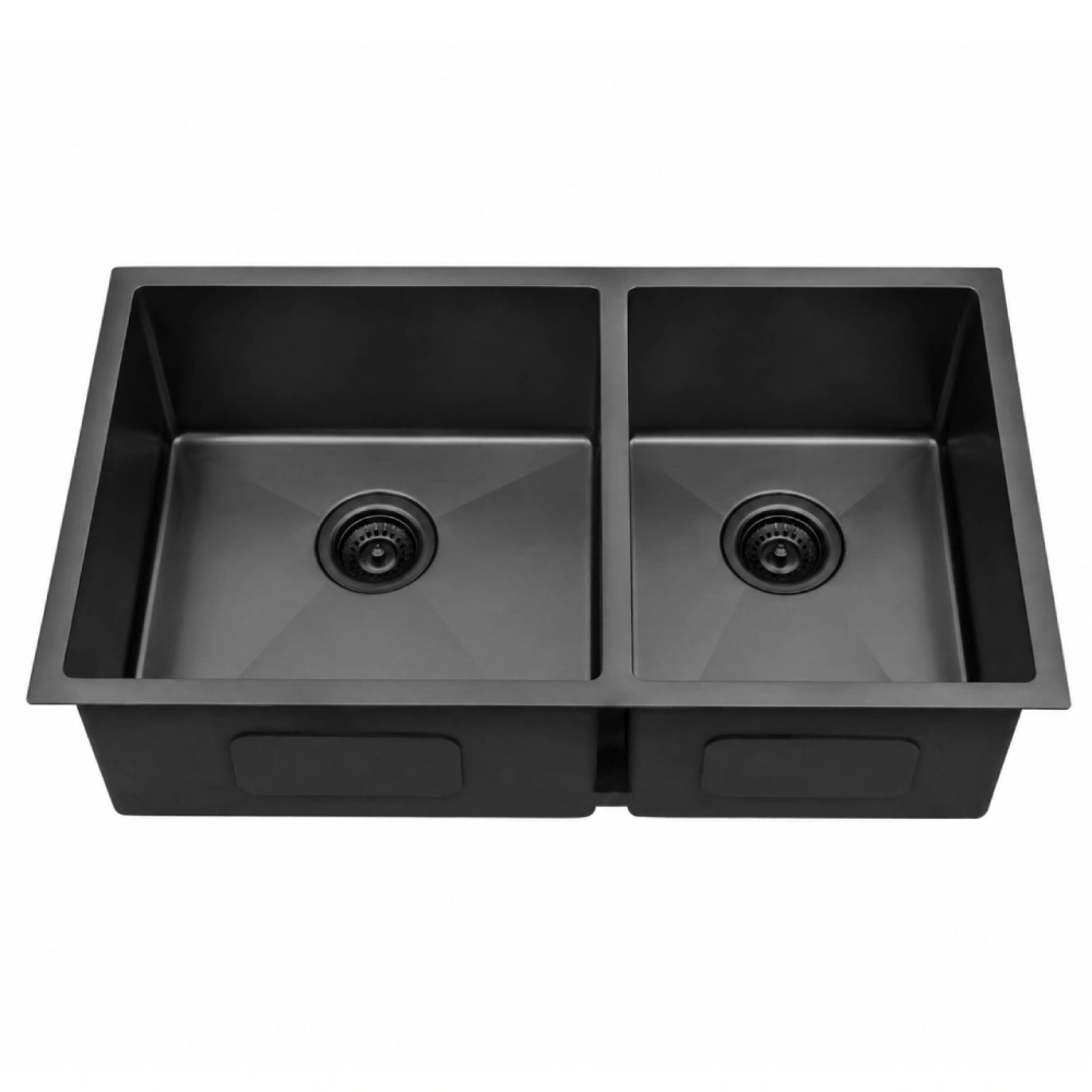 Évier de cuisine double 30″x18″ 16G (60/40) sans grilles de fond – Noir